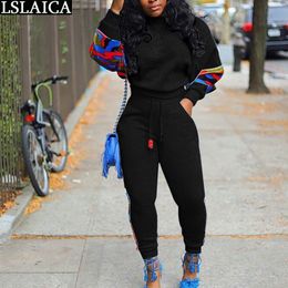 Casual Two Piece Set Stand Collar Long Sleeve 2 Pcs Tracksuit Print Splicing Plus Size Autumn Winter Trousers Suit 210520
