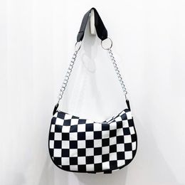 Duffel Bags Fashion Women Vintage Black And White Plaid Shoulder Messenger Female Removable Chain Casual Handbag Ins