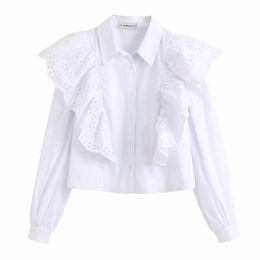 Stylish Chic White Hollow Out Ruffles Short Blouse Women Fashion Turn-down Collar Tops Elegant Ladies Buttons Shirts 210520
