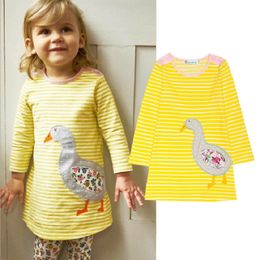 Fashion Duck Baby Dress Embroidery 100% Striped Cotton Yellow Children Clothes Girls Jumpers Bebe Vestidos 1-6Years 210413