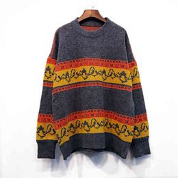 Women Long Sweater Knitted Pullovers Sleeve Brown Yellow Geometric Loose Winter M0046 210514