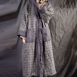 Johnature Autumn Winter Retro Patchwork Plaid Hooded Warm Lace Up Parkas Comfortable Plus Size Women Long Coat 210521