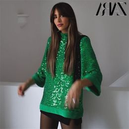 ZA Spring Women Vintage Green Sequins Blouse Shirts Female Fashion Casual Elegant Chic Long Sleeve O Neck Club Party Top Shirt 211218