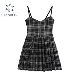 Summer Pleated Plaid Dress Streetwear Preppy Style Black High Waist Spaghetti Strap Sexy Mini Short Female Mujer 210515