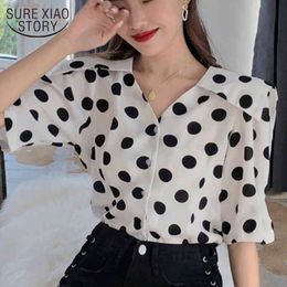 Summer Short-Sleeved Fashion Women Blouses Korean-Style Polka Dot Chiffon Shirt Vintage V-neck Ladies Tops 8828 50 210508