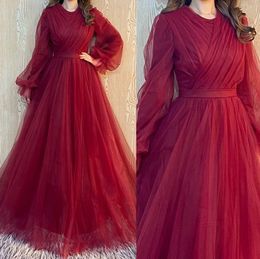Burgundy Formal Evening Dresses Wear Long Sleeves Party Prom Gowns Labourjoisie Middle East Dubai Arabic Tulle