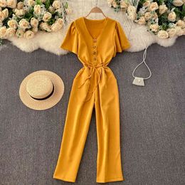 SINGREINY Women Korean Solid Rompers V Neck Short Sleeve Button Drawstring Wasit Jumpsuit Summer Vacation Beach Long Rompers 210419
