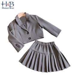 Kızlar Giysileri Seti Sonbahar Kış Çocuk Uzun Kollu Okul Üniforma Ceket + Etek 2 ADET Kıyafetler 2-6Y 210611