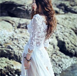 Casual Dresses Beach European Style Summer Womens Sexy Lace Embroidery Maxi Solid White Dress 3/4 Sleeve Deep V Neck Vestidos Plus Size S-L