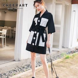 V Neck Black Summer Dress Women Lace Up Button Down Big Pocket Color Block Mini High Street Fashion 210427