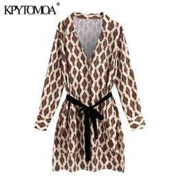 Women Fashion With Velvet Belt Printed Oversized Blouses Long Sleeve Side Vents Female Shirts Chic Tops 210420