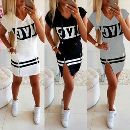 2020 Hooded Women Summer DrShort Sleeve Letter Print Zipper Hoodies Lady Casual Sport Vestidos Fashion Female Mini Dresses X0529