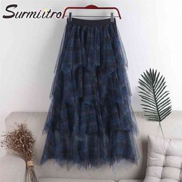 Spring Summer Long Tulle Skirt Women Korean Patchwork Plaid Mesh Sun School High Waist Maxi Plested Female 210421