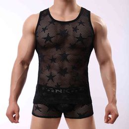 Star Mesh Top Mens Sexy See Through Workout Gym Clothing Sleeveless Mens Tops Sports Fitness Male Sportswear Tank Tops 210524