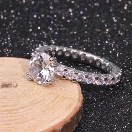 diamond wedding anniversary rings UK - Cluster Rings Elegant S925 Silver Color Diamond Ring For Women Fine Jewelry Circle Group Set Zircon Wedding Anniversary Birthday Gift