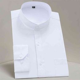 Male Mandarin Collar Shirt Man White Business/Party/Forma Non-ironing Chinese Style Solid Crew Neck Single Breasted L 210626
