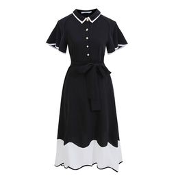 Women Black White Patchwork Turn Down Collar Button Short Sleeve Fit And Flare Midi Dress Elegant Vintage D1040 210514