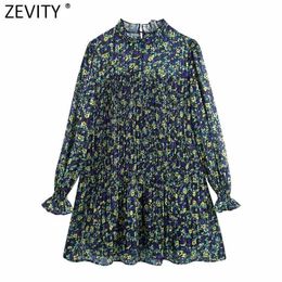 Zevity Women Stand Collar Ruffles Floral Print Pleated Mini Dress Female Chic Puff Sleeve Chiffon Party Vestido DS5076 210603