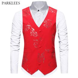 Red Bronzing Rose Floral Print Men Vest Wedding Party Prom Vests for Men Bridegroom Groomsmen Luxury Mens Waistcoat Gilet Male 210524