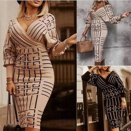 Sexy Elegent Bodycon Party Dresses Spring Autumn V Neck Long Sleeve Casual Dress Women Retro Print Slim Fit Vestidos