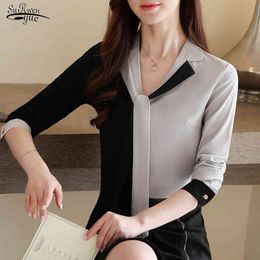 Autumn Style Long-Sleeve Chiffon Shirt Women Korean Loose Plus Size Gray Blouse V Neck Ladies Clothing 10753 210508