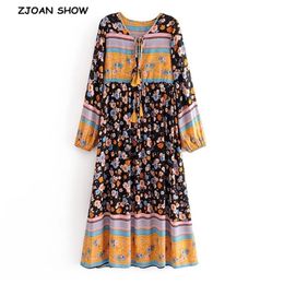 6 COLOR Bohemia Tassel Lacing up V neck Location Flower Print Long Dress Hippie Woman Strappy Sleeve Holiday Dresses Beach 210429