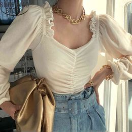 Autumn Lady Chic Curled Slim Solid T-shirt Sexy Square Collar Blouse Women Elegant Splicing Pleated Puff Sleeve Shirt 12904 210415