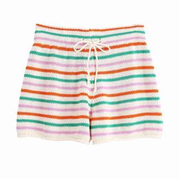 Womgn Summer Striped Knitting Shorts ZA Sweet Elastic waist Drawstring Bow Tie Female Casual Street Clothing 210513