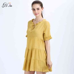 H.SA Summer Yellow Dresses Vintage Cascading Ruffles Midi Vestidos Bow Neck Harajuku Party Dress Kawaii Ukraine Robe 210417