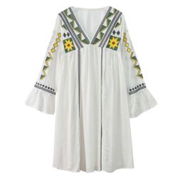 PERHAPS U Women Red Yellow White Geometric Embroidery Bohemian Dress V-neck A-line Flare Long Sleeve Zipper Dress D2487 210529