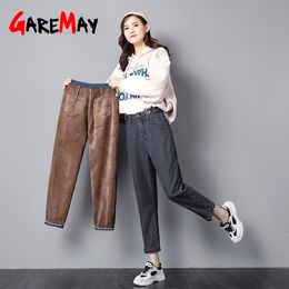 Vintage Boyfriend Jeans for Women High Waisted Casual Velvet Ladies Trousers Winter Warm Mom Plus Size Black Female 210428