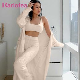 Karlofea Fashion Casual Oversized Cardigan Coat Short Pants Comfort Lounge Wear Female Fall Winter 3 Piece Knitted Sweater Sets Y0625