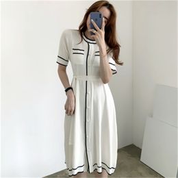 Autumn Korean Elegant Knitted Women Dress With Sashes Long Sleeve Single-breasted Pleated Dresses Vintage Ladies Vestidos 210513