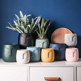 Nordic Style Ceramic Decorative Flower Pot Creative Art Human Face Succulent Cactus Planter Pot With Hole Gardening Accessories 210615