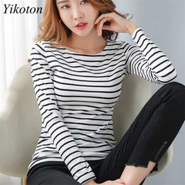 Long Sleeve Basic T Shirt Female Women's Black White Striped Plus Size 5XL Tshirt Cotton Spring Autumn Tee Shirt Ladies Top 211110