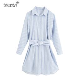 Women Elegant Fashion Striped Loose Mini Dress With Belt Vintage Long Sleeve Buttons Shirt Dresses Female Chic Vestidos 210520