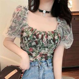 Flower Print T Shirts Women Crop Top Summer Sexy Square Collar Short Sleeve Ladies Tops Fashion Mesh Patchwork Female Tees 210514