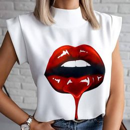 Elegant Women Blouse Lips Print Shirts Female Casual Stand Neck Pullovers Fashion Cartoon Printed Tops Shirt Blouse Outfit 210419
