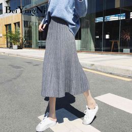 Beiyingni High Waist A-line Skirt Woman Knitted Chic Thick Elastic Band Retro Solid Kpop Maxi Long Black Midi Skirts Ladies Saia 210416