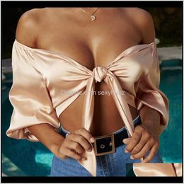 Tanks Camis Tops & Tees Womens Clothing Apparel Drop Delivery 2021 Sexy Satin Slik Women Bow Sashes V Neck Crop Top Sleeveless Half Sleeve Ba