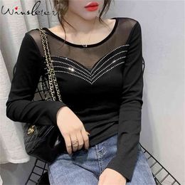Spring Black T shirt Mesh Patchwork Transparent Tops Women Long Sleeve Diamonds Slim Female Tee Shirt T02603B 210421