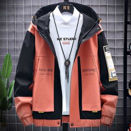 Spring Autumn Plus Size Men's Jacket Hooded Windbreaker Coats Fashion Letter Printed Patchwork Outwear Casual Jackets 8XL 211214