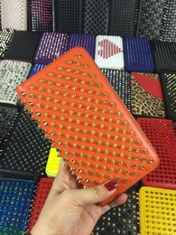 Long Style Panelled Spiked Clutch Women Men wallets Patent Real Leather Mixed Rivets bag Clutches Lady bags Purses Spikes Wallet With Box