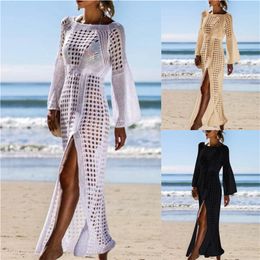 Crochet Tunic Beach Dress Cover-ups Summer Women Beachwear Sexy Hollow Out Knitted Swimsuit Cover Up Robe de plage #Q716 210420