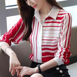 Korean Chiffon Women Shirts Long Sleeve Shirt Office Lady Striped Blouses Woman Blouse Tops Plus Size Blusas Mujer De Moda 210531