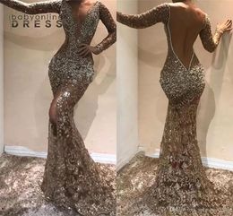 Sexig Deep V Neck Sheer Long SemeVes Sequins Mermaid Evening Dresses Pärlade Applices Backless Formal Party Prom -klänningar BC0975