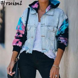 Denim Jacket Women Oversized Tie Dye Long Sleeve Patchwork Casual Coats and s Streetwear Fashion Jeans 210513