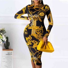 Women Printed Bodycon Dresses Long Sleeves Skinny Sexy Slim Package Hip Elastic Large Size Ladies Fashion African Vestidos 210416