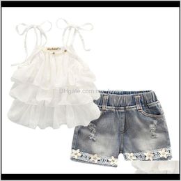 Summer Korean Childrens Girls Suit Chiffon Cake Sling Pants 2Pcs Pearl Flower Halter Top Denim Shorts Kids S Czzvx Sets Yqcnr