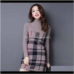 sweater Womens Clothing Apparel Women Autumn Winter Turtleneck Long Sleeve Plaid Knitted Sweater Dress Female Loose Sweaters Pullo